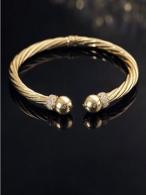 18k solid Italian Gold Twisted Open Cuff Bracelet with Crystal Accents
